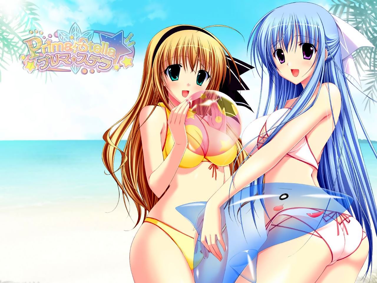 2girls, aliasing, ball, beach, bikini, blue_hair, choco_chip, jpeg_artifacts, onoshima_kusumi, prima_stella, swimsuit, touhouin_shizuka
