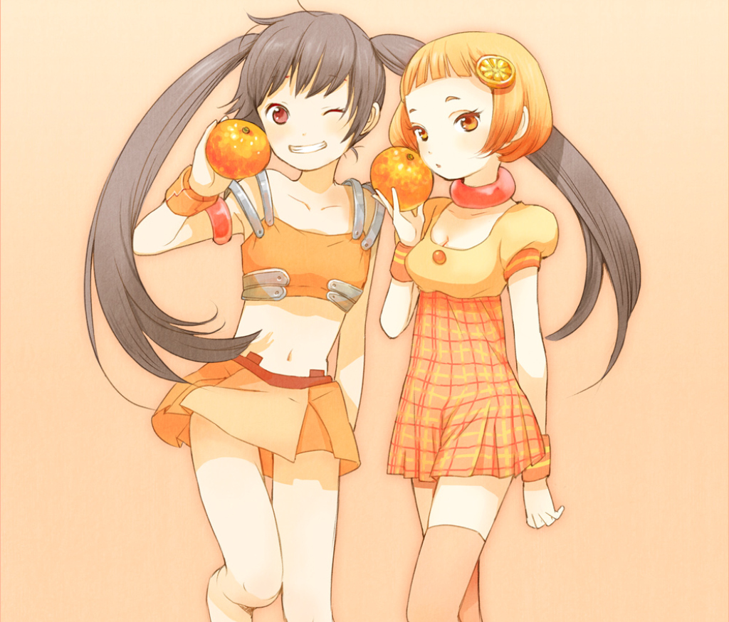 2girls, arancia, black_hair, food, fruit, navel, orange, orange_eyes