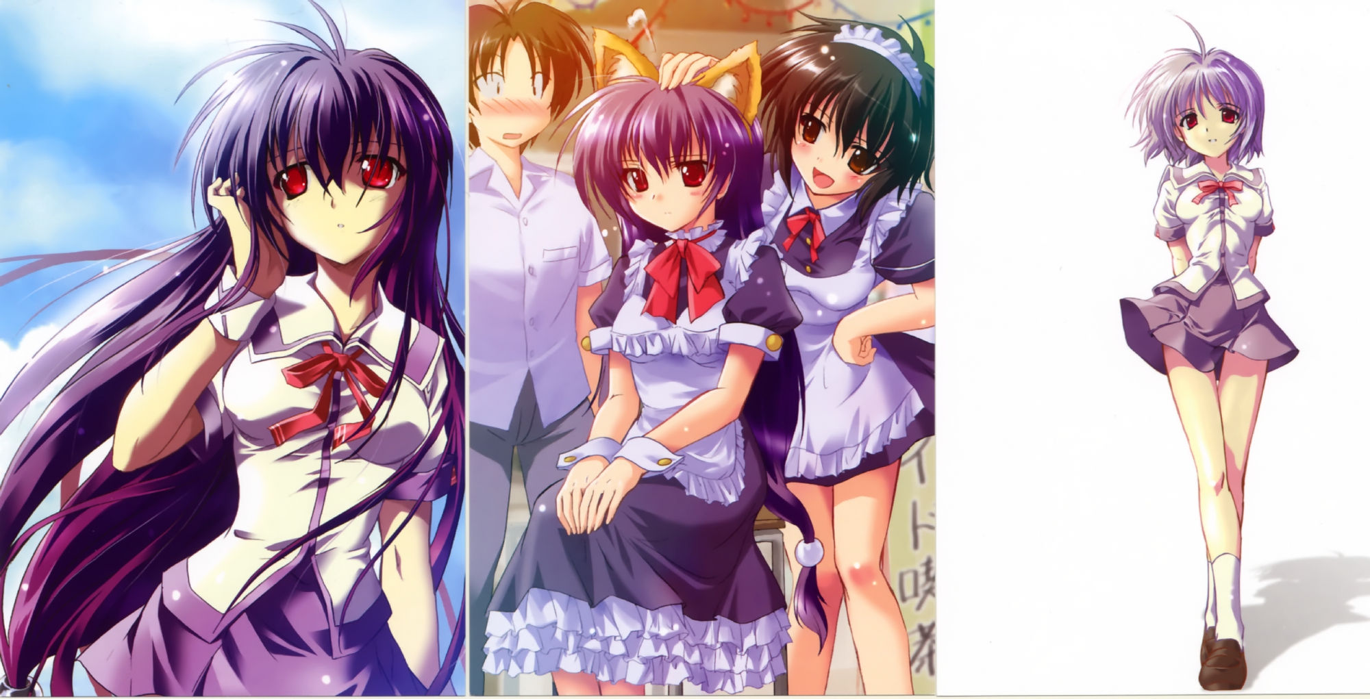 animal_ears, asaba_naoyuki, blush, brown_eyes, brown_hair, iriya_kana, iriya_no_sora_ufo_no_natsu, komatsu_eiji, maid, purple_hair, red_eyes, school_uniform, short_hair, sudou_akiho