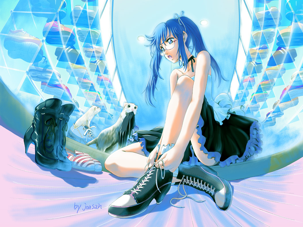 animal, blue_eyes, blue_hair, boots, glasses, long_hair, original, signed, twintails, xiacheng_tatsuya