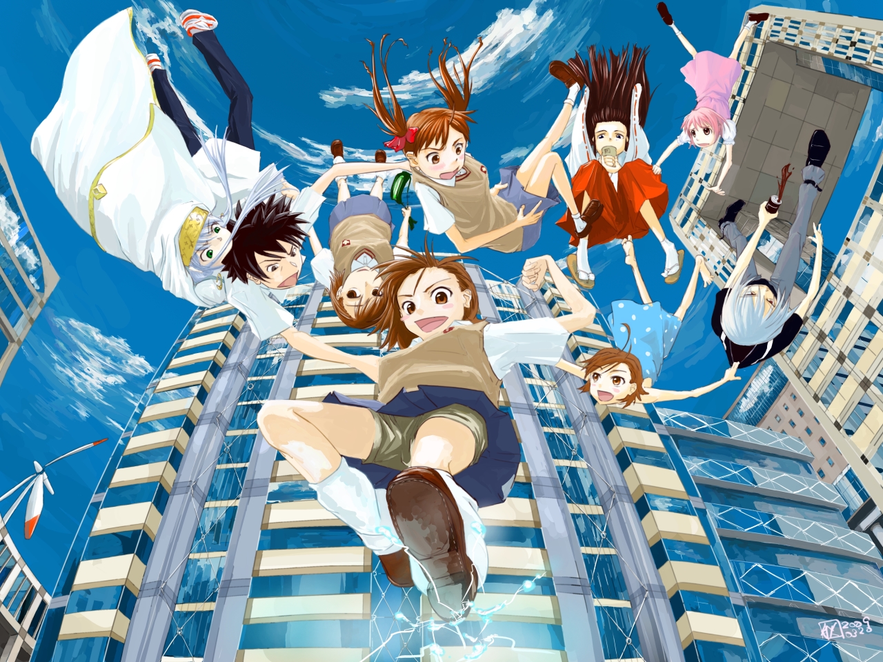 accelerator, barefoot, black_hair, bow, brown_eyes, brown_hair, building, city