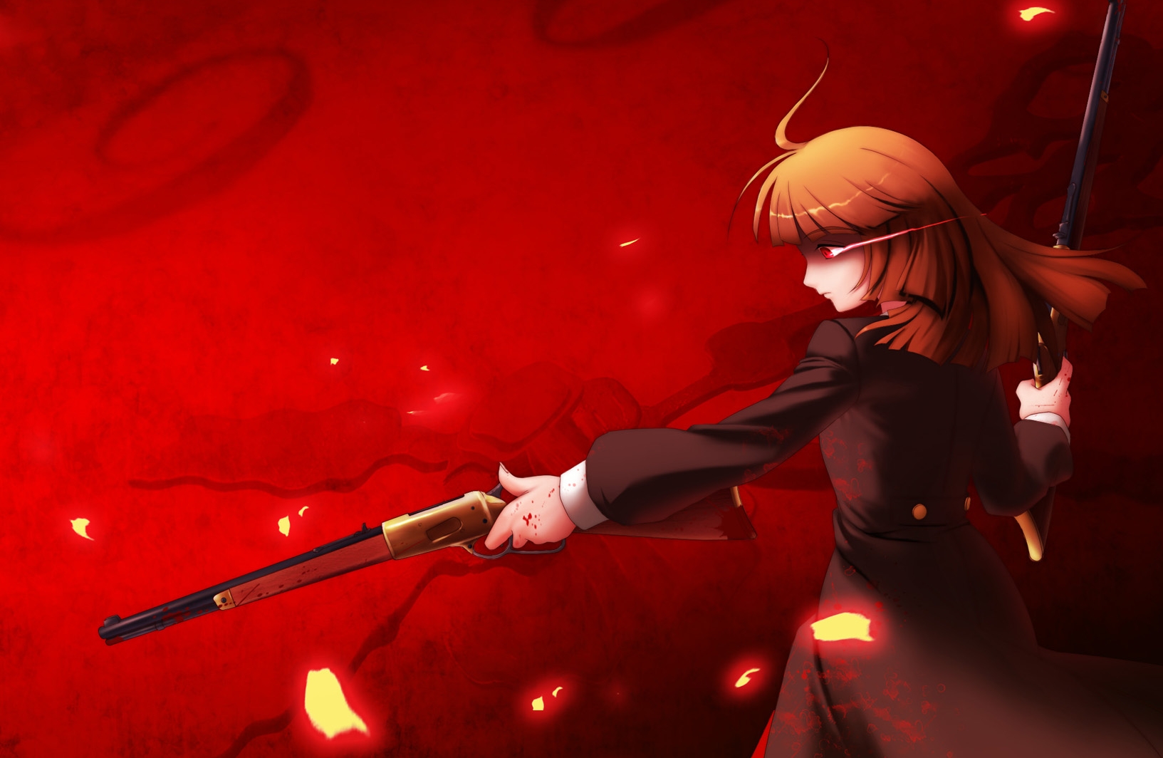 blood, gun, red, red_eyes, umineko_no_naku_koro_ni, ushiromiya_rosa, weapon