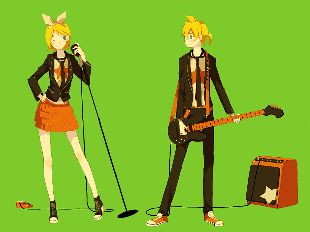 aliasing, aqua_eyes, blonde_hair, green, guitar, headband, instrument, kagamine_len, kagamine_rin, kuko:mi, male, microphone, short_hair, tie, vocaloid, wink