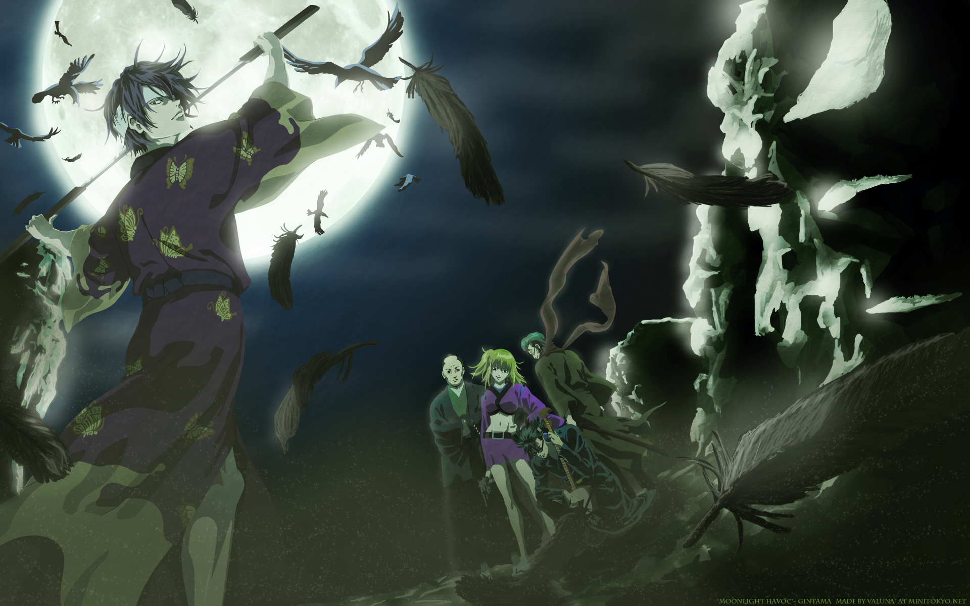 animal, bird, blonde_hair, feathers, gintama, japanese_clothes, katana, kawakami_bansai, kijima_matako, male, moon, night, okada_nizou, scarf, sword, takasugi_shinsuke, takechi_henpeita, weapon