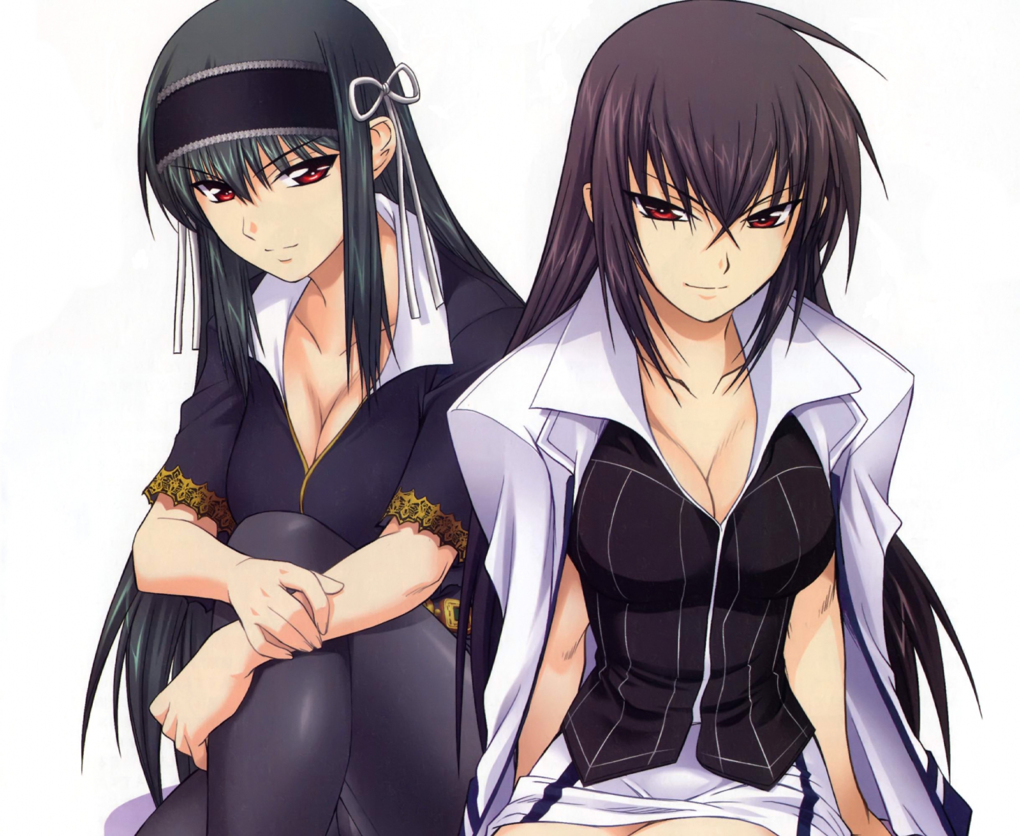 black_hair, breasts, cleavage, kawakami_momoyo, kimi_ga_aruji_de_shitsuji_ga_ore_de, kuonji_shinra, red_eyes, white