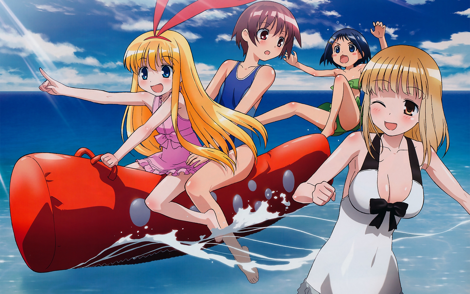 amae_koromo, blonde_hair, blue_eyes, fukuji_mihoko, ikeda_kana, long_hair, miyanaga_saki, saki, swimsuit, water