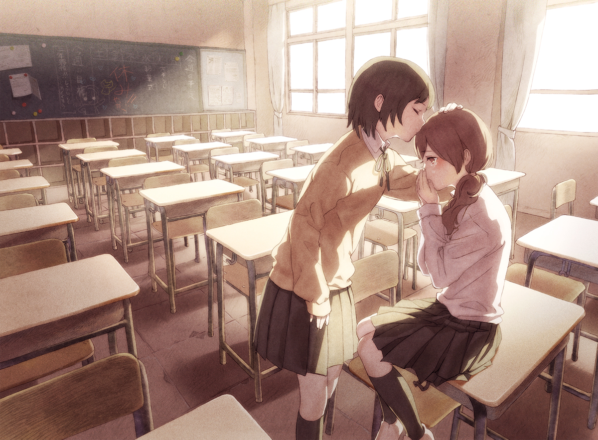 ame_(conronca), brown_hair, kiss, original, school_uniform, tears