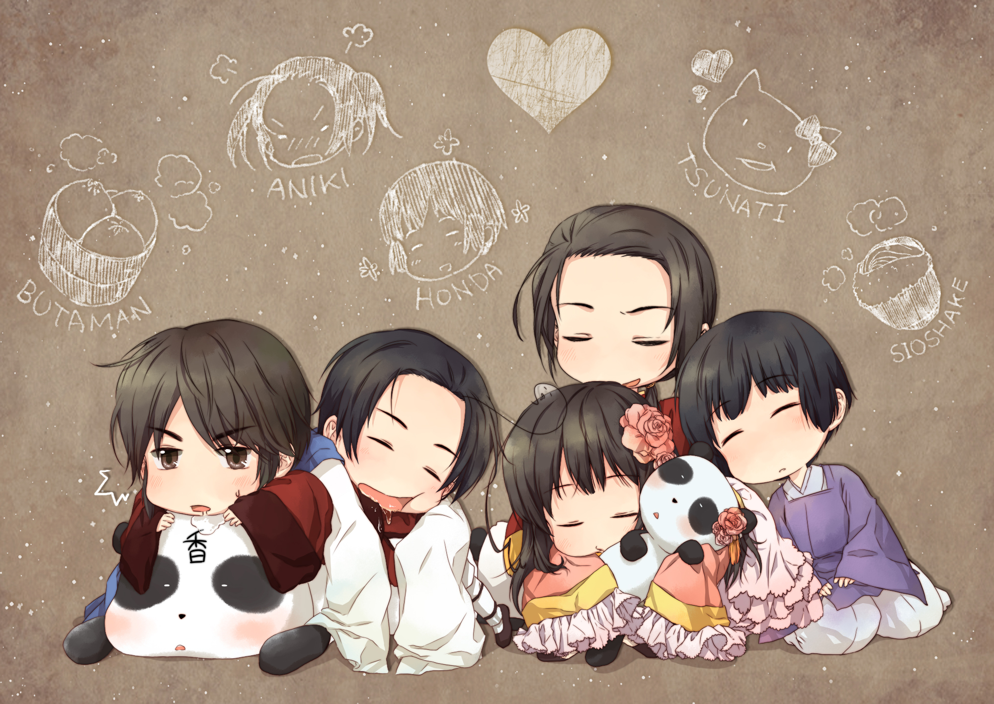 animal, anthropomorphism, axis_powers_hetalia, bear, blush, brown_eyes, brown_hair, chibi, china_(hetalia), dress, flowers, food, group, hong_kong_(hetalia), japan_(hetalia), male, panda, rose, sleeping, south_korea_(hetalia), taiwan_(hetalia)