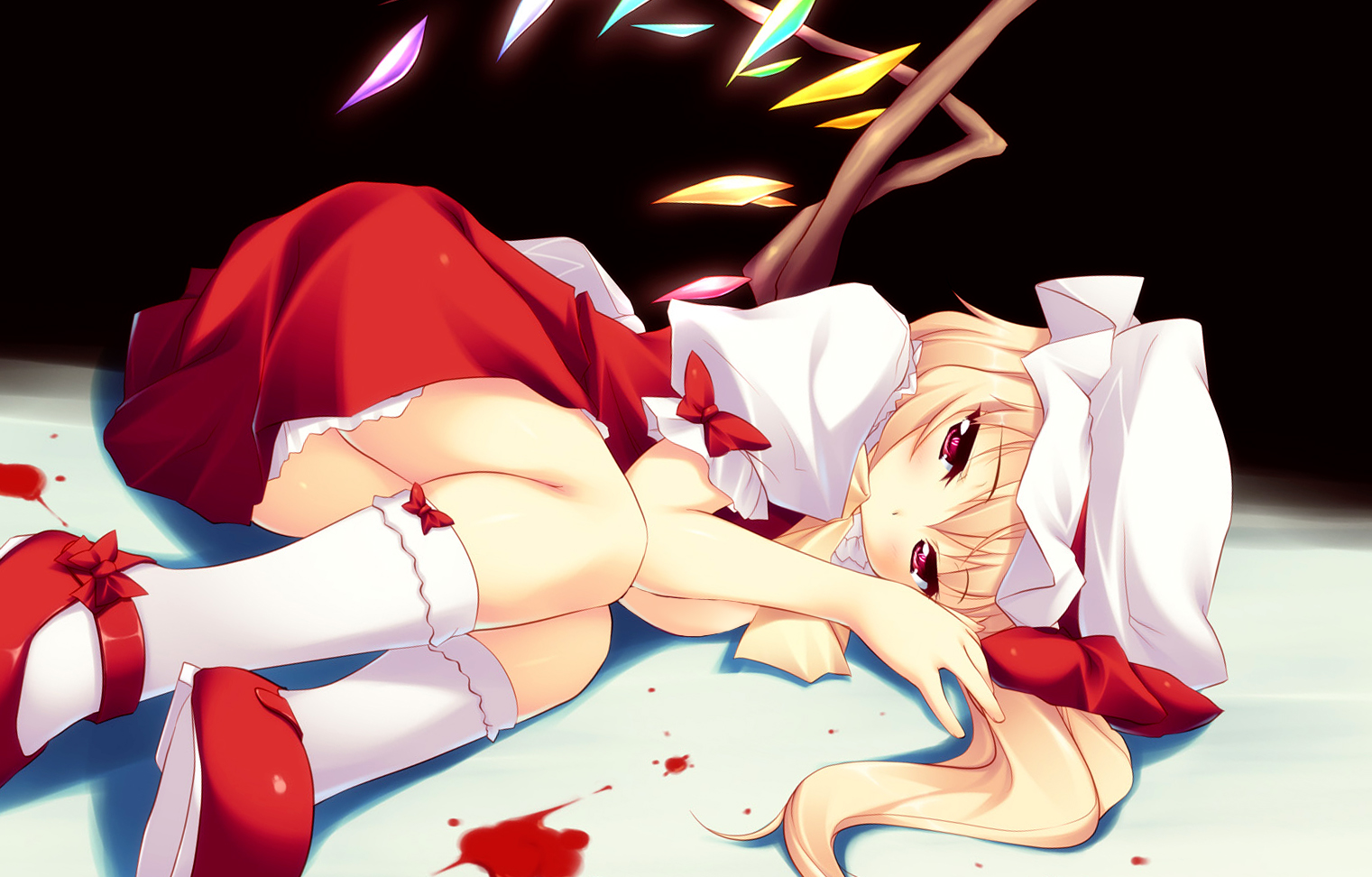 blonde_hair, blood, blush, dress, flandre_scarlet, hat, long_hair, minase_shuu, ribbons, touhou, vampire, wings