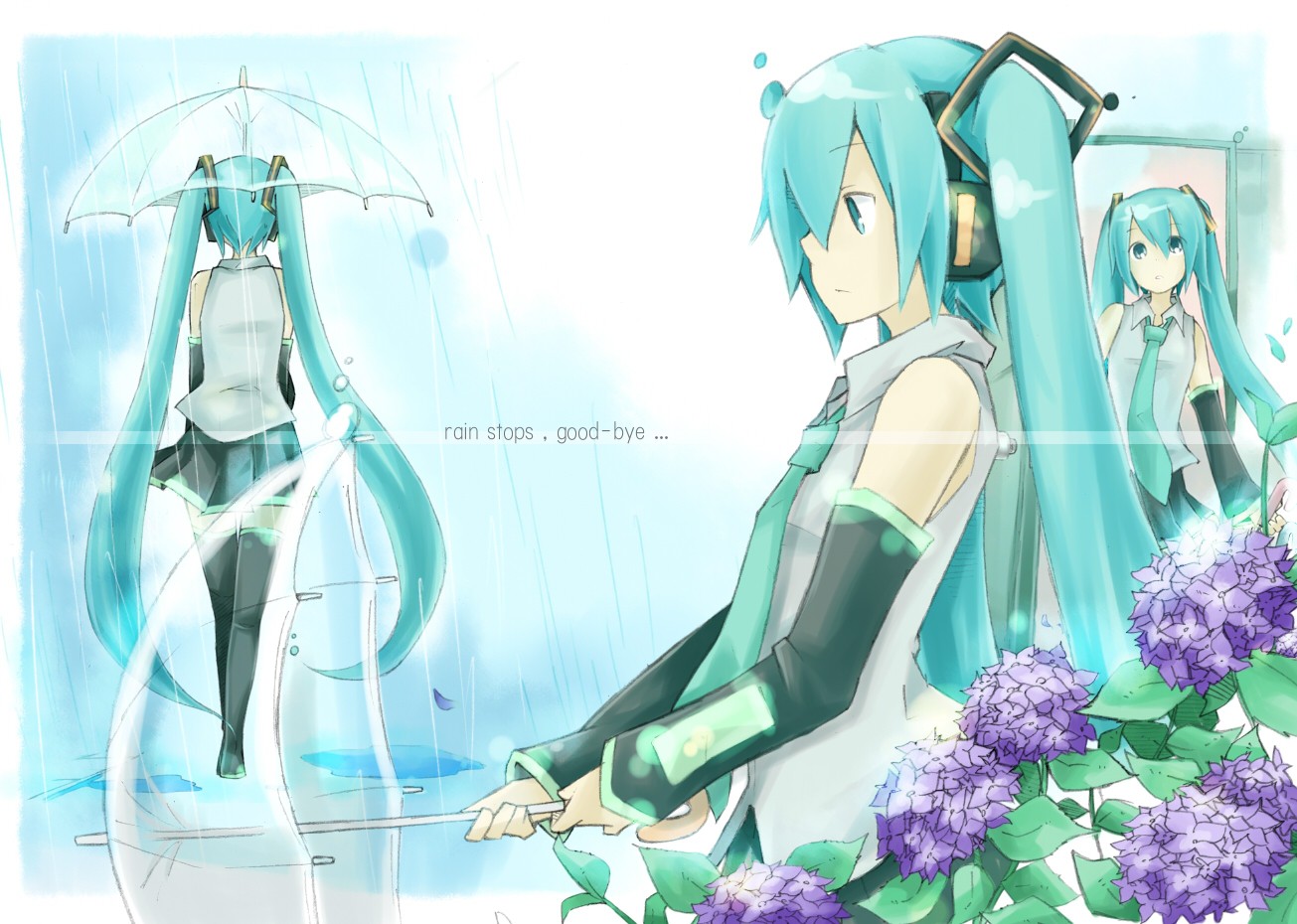 hatsune_miku, koa_(pixiv), rain, twintails, umbrella, vocaloid, water