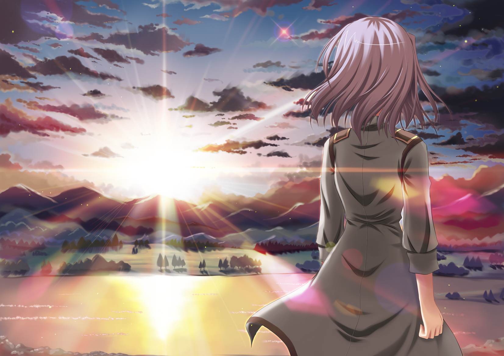 clouds, eden, landscape, sakurano_kurimu, scenic, short_hair, sky, sunset