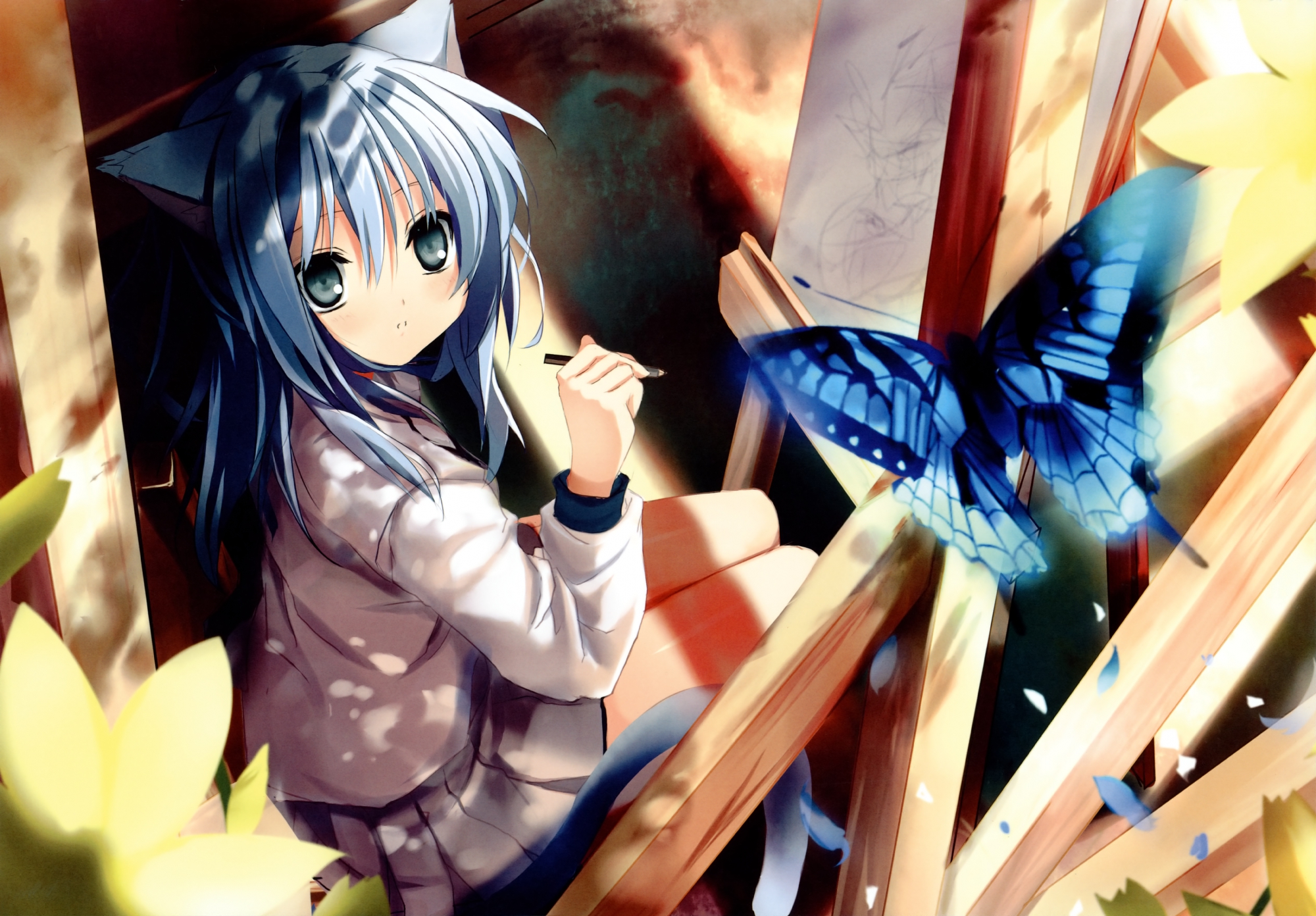 animal_ears, blue_hair, blush, butterfly, catgirl, i.s.w., long_hair, original, scan, shino_(eefy), skirt, tail
