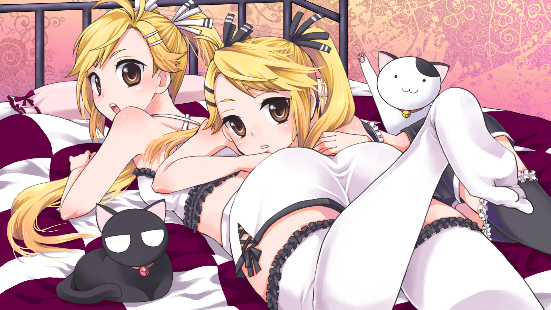 animal, bed, blonde_hair, brown_eyes, cat, kirishima_akari, kirishima_kotone, nyan_koi!, twins, underwear