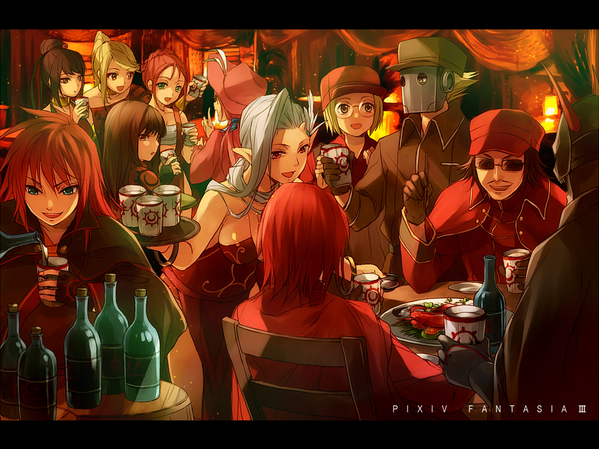 aqua_eyes, blonde_hair, brown_eyes, brown_hair, dark_skin, dress, drink, food