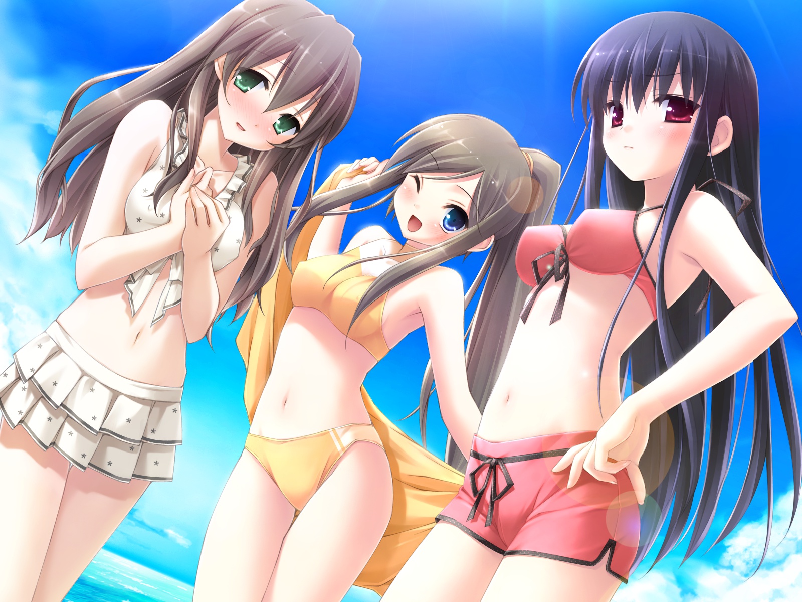 bikini, cube, game_cg, group, itou_hinako, kanekiyo_miwa, kantoku, miyazawa_midori, natsu_no_ame, segawa_rikako, sky, swimsuit, wink