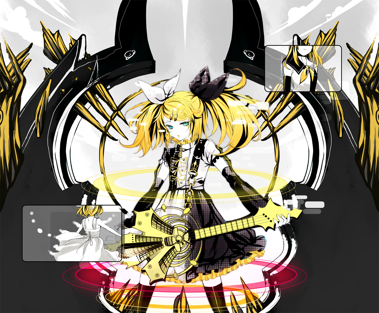 blonde_hair, guitar, instrument, kagamine_rin, lento_(water), meltdown_(vocaloid), twintails, vocaloid