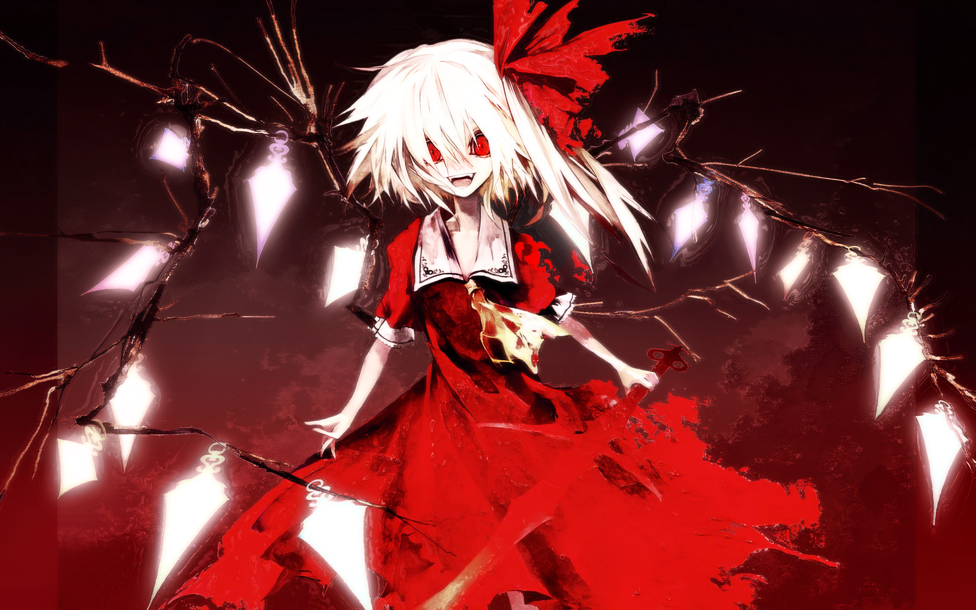 banpai_akira, flandre_scarlet, red_eyes, short_hair, touhou, vampire, white_hair, wings