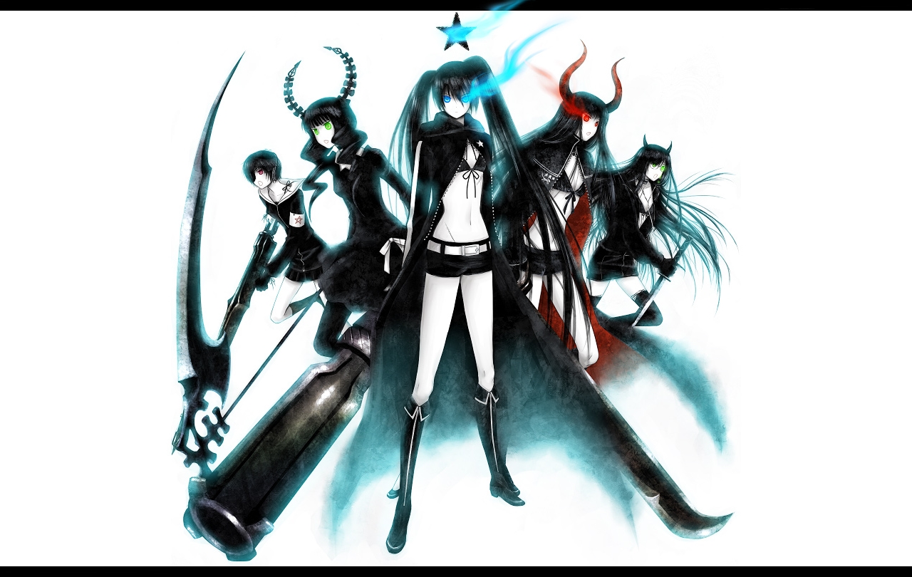 black_devil_girl, black_matagi, black_rock_shooter, gun, irino_saya, kuroi_mato, scythe, sword, takanashi_yomi, weapon, white, yuuno_(yukioka)