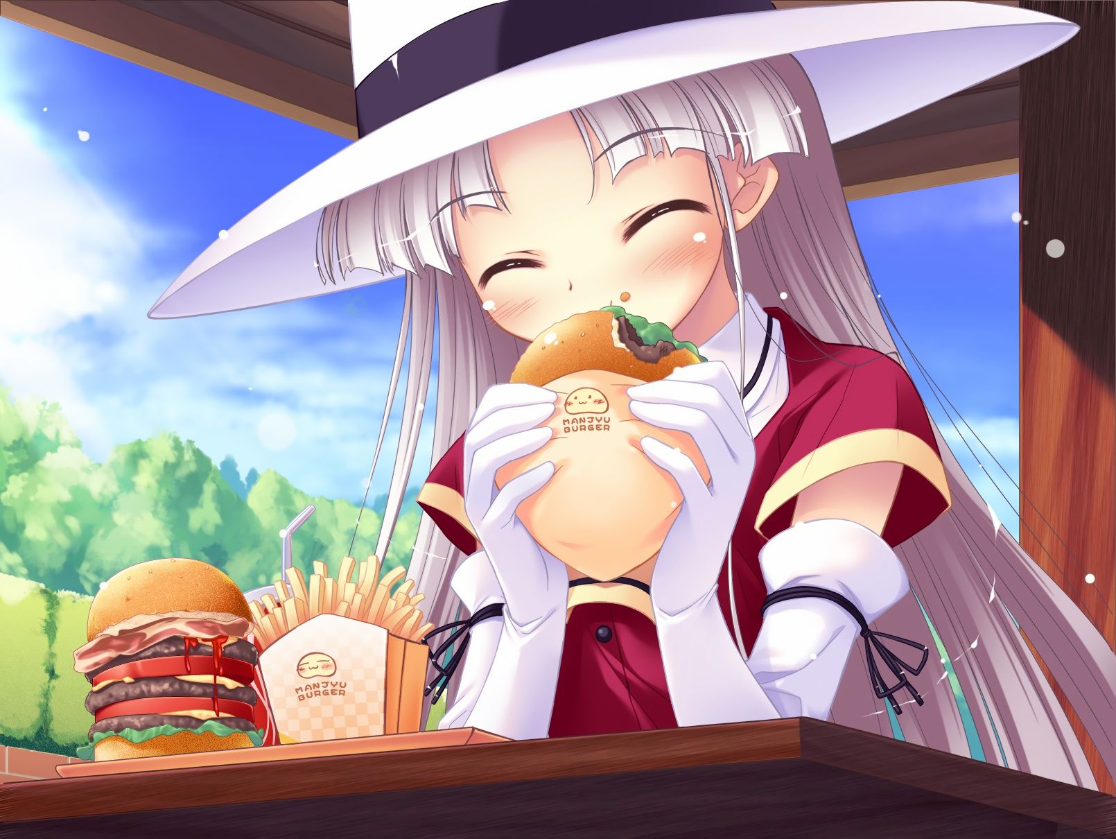 elbow_gloves, food, gloves, gray_hair, happiness, hat, long_hair, shikimori_ibuki, sky