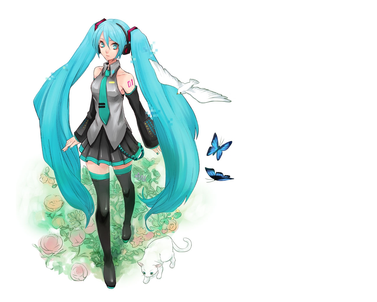 animal, bird, blue_eyes, blue_hair, butterfly, cat, hatsune_miku, long_hair, oyuyamio, thighhighs, tie, twintails, vocaloid, white, zettai_ryouiki