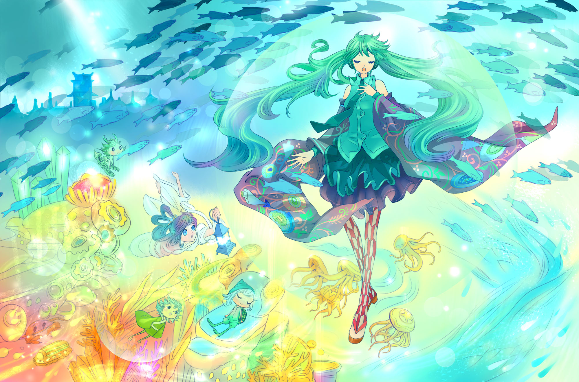animal, building, dress, fish, grayfair, hat, hatsune_miku, thighhighs, underwater, vocaloid, water