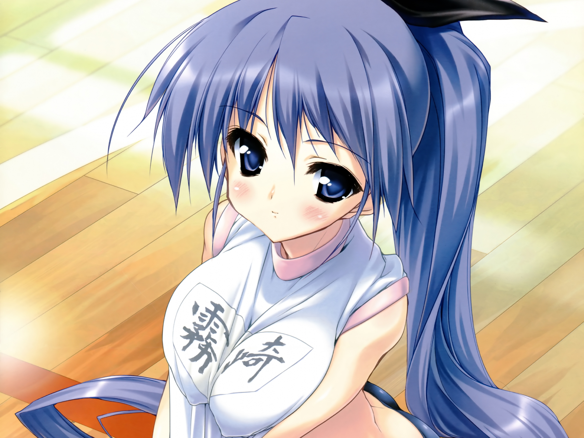 blue_eyes, blue_hair, blush, breasts, cleavage, erect_nipples, kirisaki_kaede, momoiro_guardian, ponytail, urotan