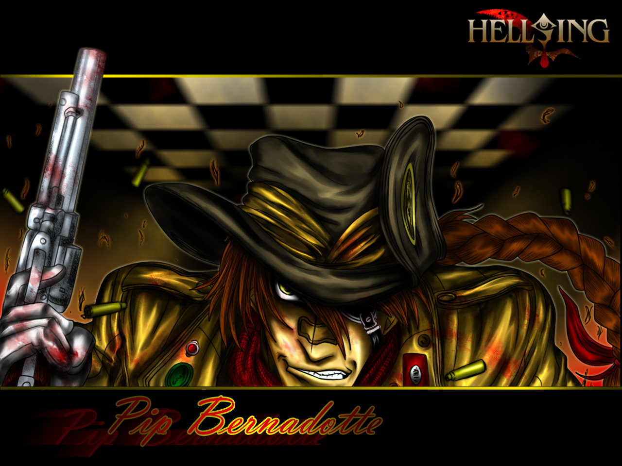 brown_hair, eyepatch, gun, hat, hellsing, logo, pip_bernardotte, ponytail, short_hair, weapon, yellow_eyes
