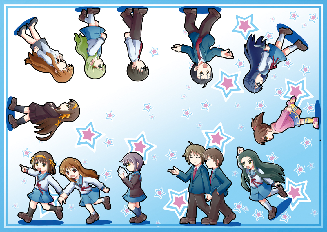 asahina_mikuru, asakura_ryouko, chibi, kimidori_emiri, koizumi_itsuki, kunikida, kyon, kyon_no_imouto