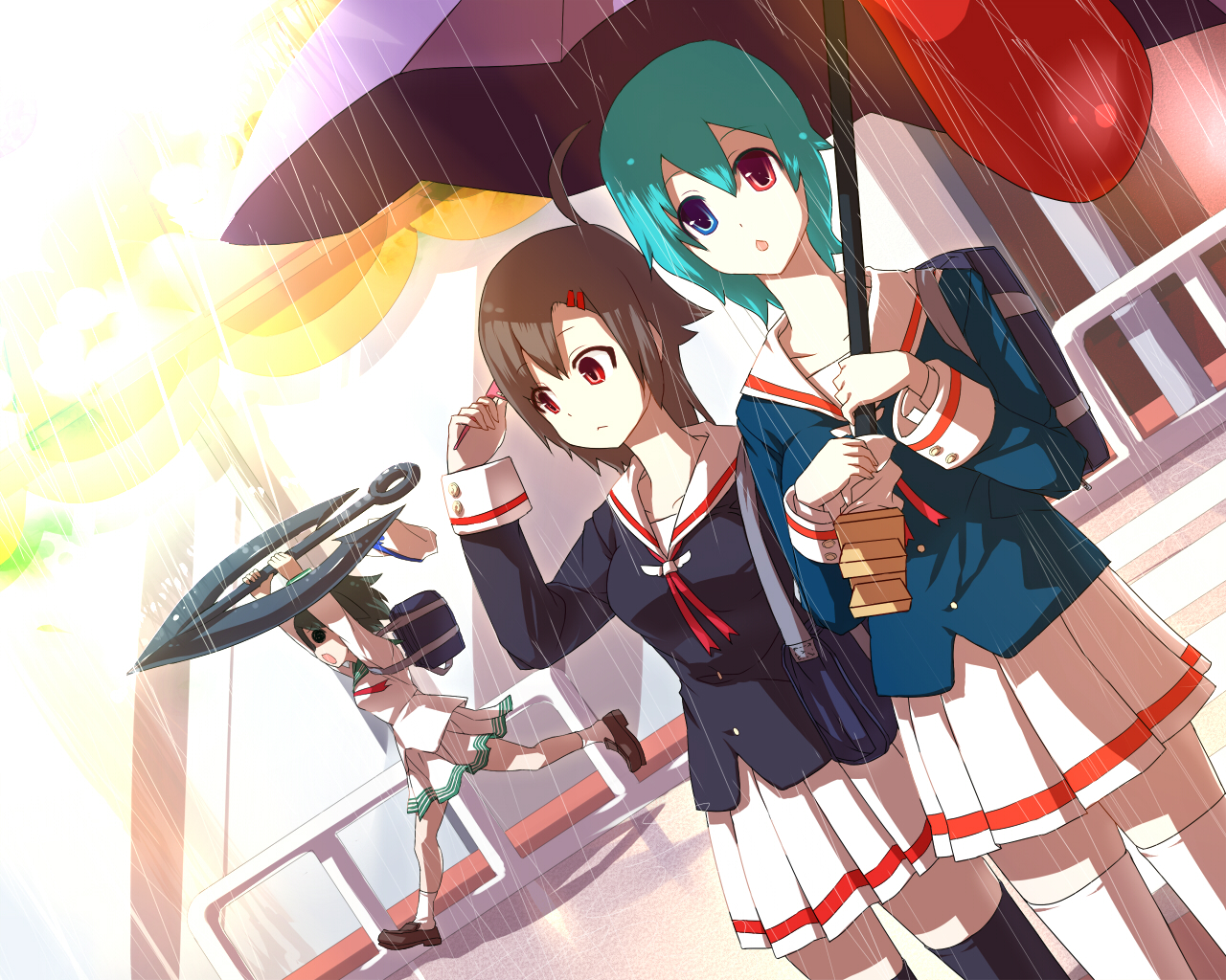 aliasing, bicolored_eyes, blue_vert, houjuu_nue, murasa_minamitsu, rain, school_uniform, tatara_kogasa