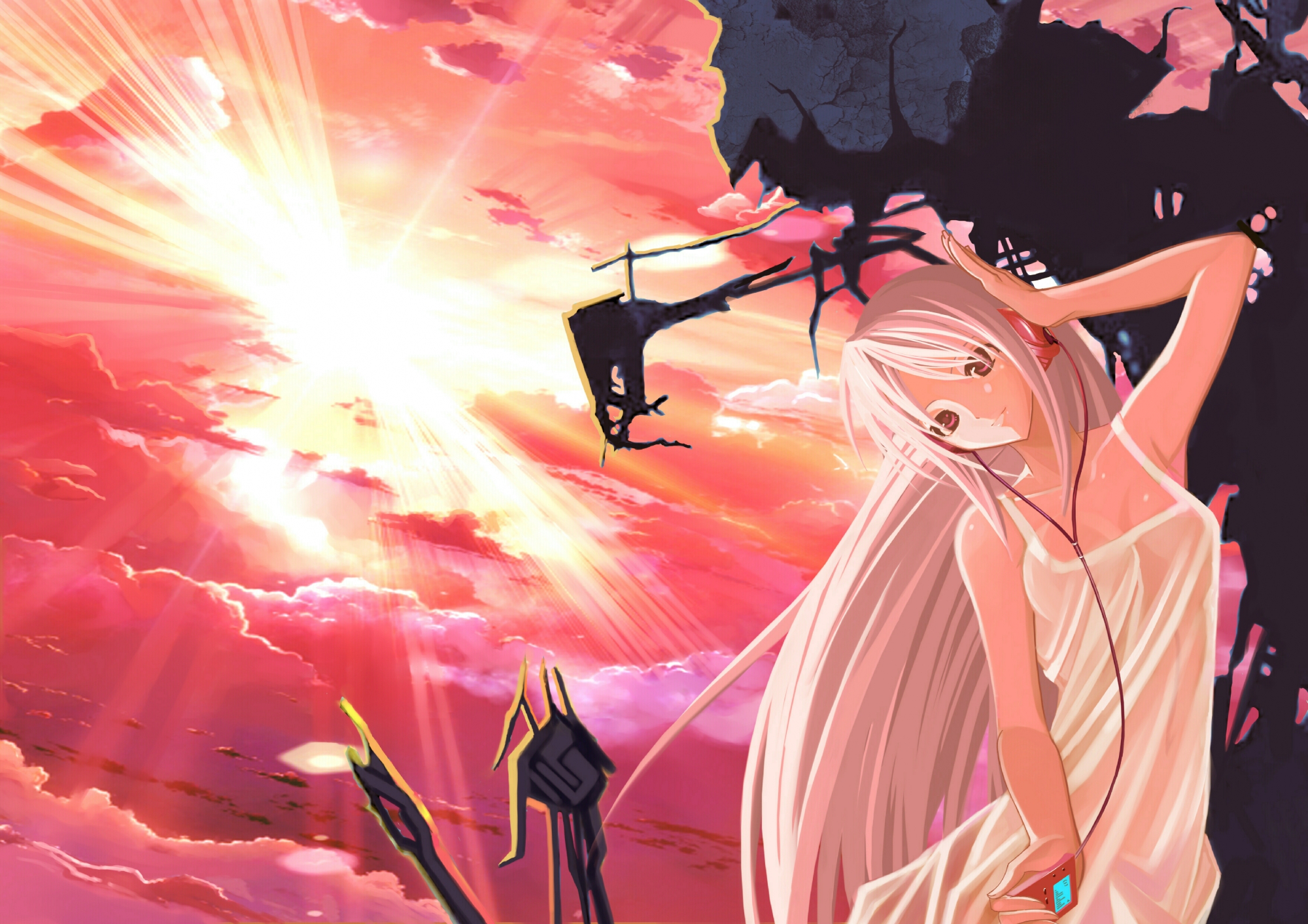 clannad, dress, headphones, paku, sakagami_tomoyo, sky