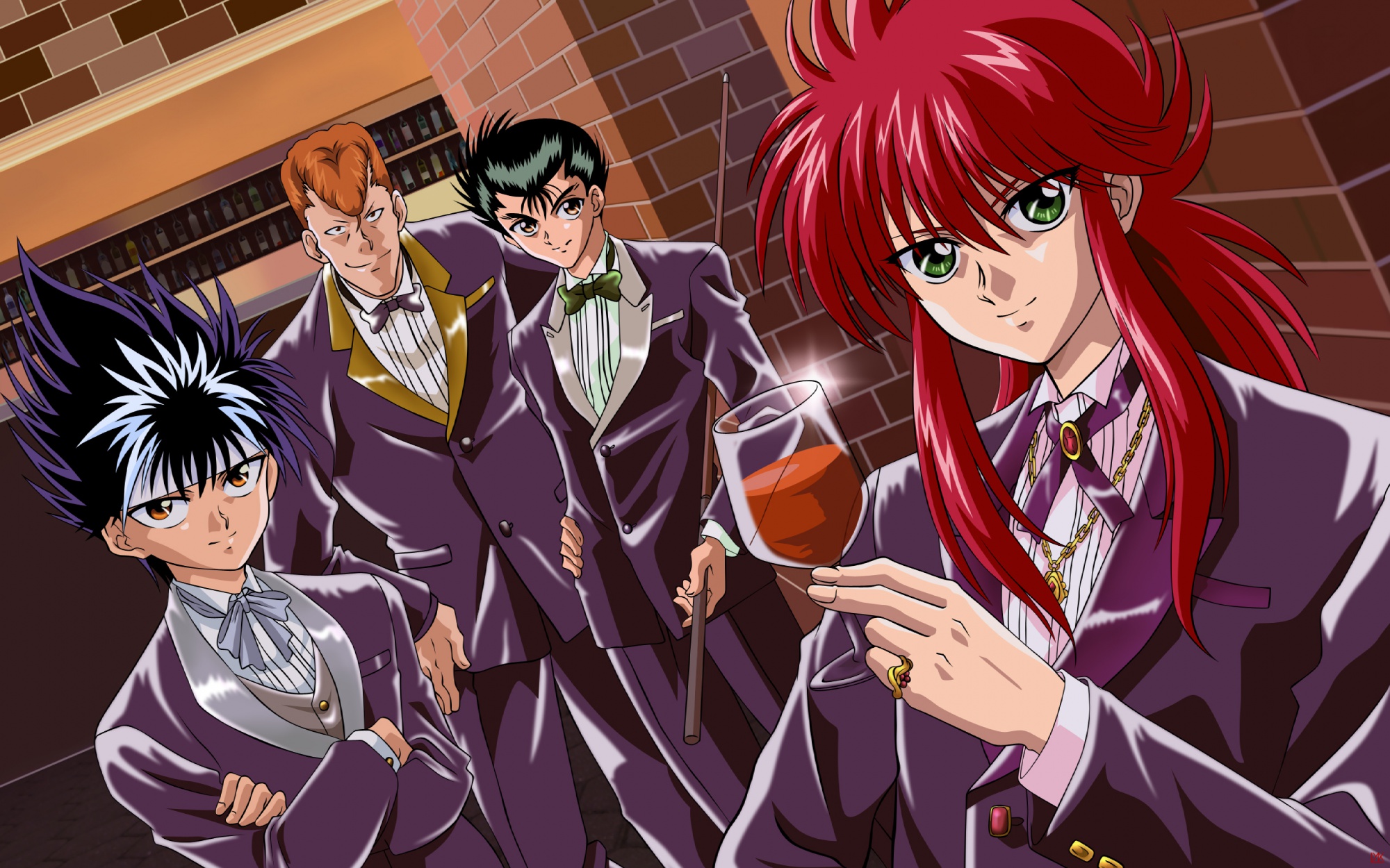 all_male, black_hair, bow, brown_eyes, brown_hair, drink, green_eyes, hiei_jaganshi