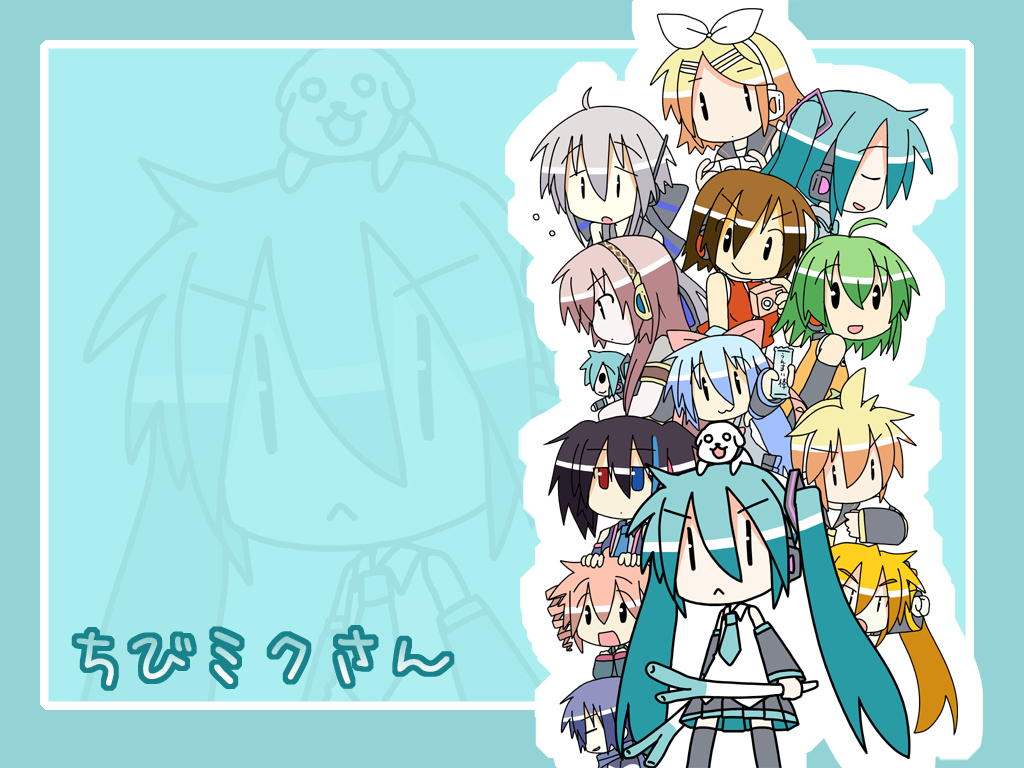 akita_neru, camera, chibi, chibi_miku, fl-chan, game_console, hamo_(dog), hatsune_miku, kagamine_len, kagamine_rin, kaito, kasane_teto, kiyone_suzu, leek, male, megurine_luka, meiko, minami_(artist), utau, vocaloid, yokune_ruko, yowane_haku