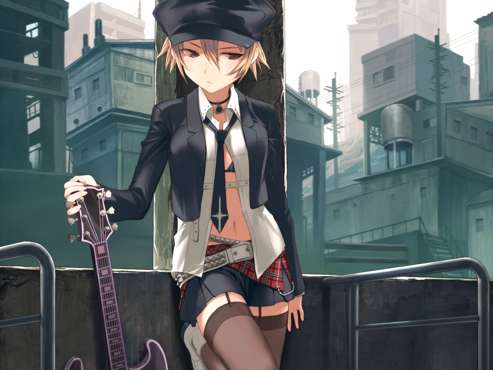 blonde_hair, brown_eyes, guitar, hat, instrument, open_shirt, original, short_hair, skirt, thighhighs, uni, zettai_ryouiki