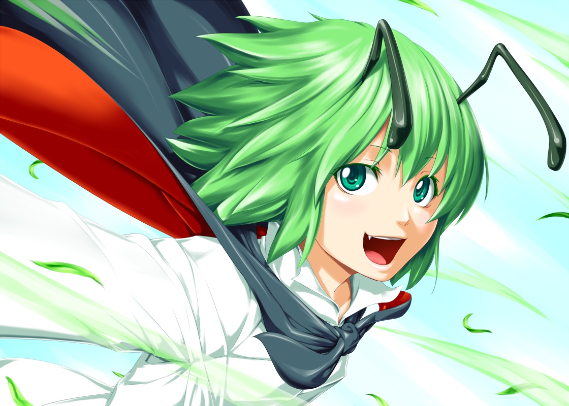 fang, green_eyes, green_hair, kenntairui, short_hair, touhou, wriggle_nightbug