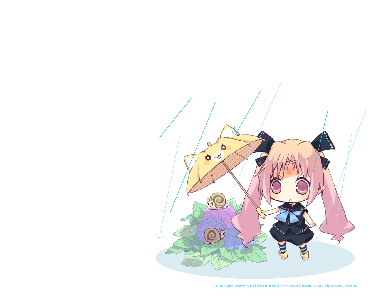 chibi, original, pink_hair, rain, takamura_masaya, twintails, umbrella, water, white