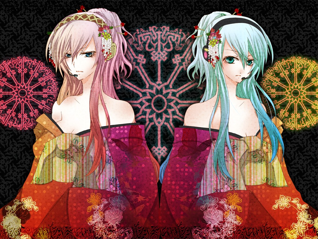 2girls, akatsuki_yakyou, hatsune_miku, japanese_clothes, kimono, megurine_luka, vocaloid