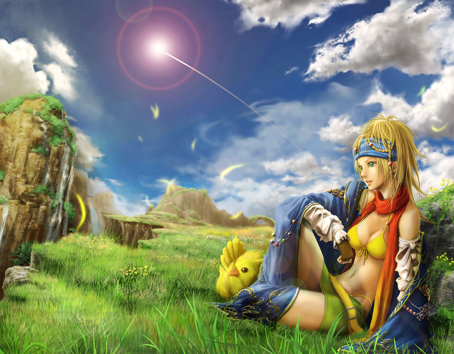 bikini, blonde_hair, breasts, cleavage, clouds, final_fantasy, final_fantasy_x, final_fantasy_x-2