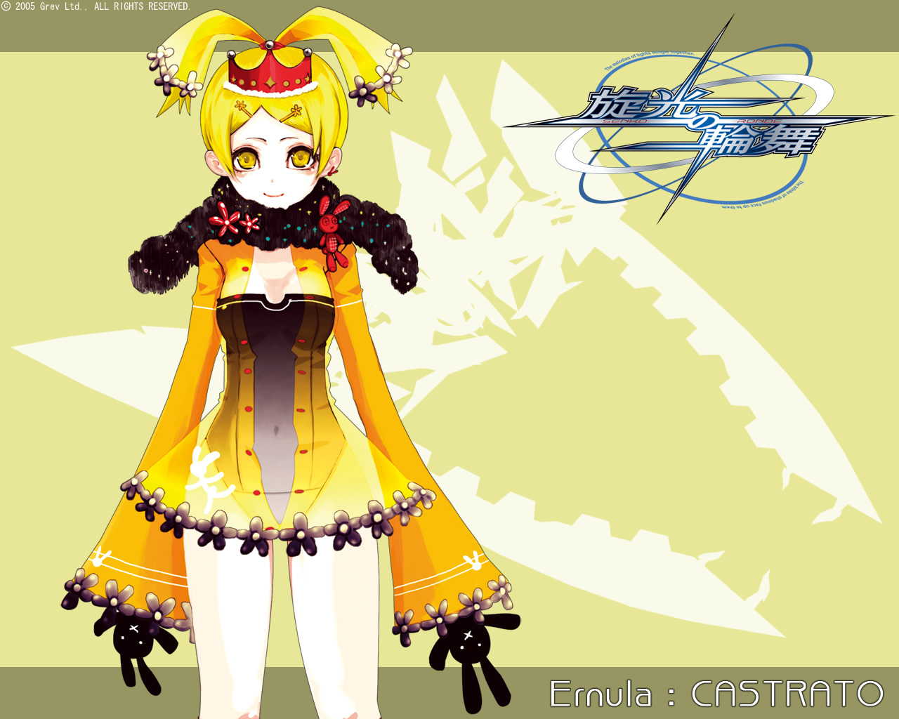 animal_ears, blonde_hair, breasts, bunny, bunny_ears, bunnygirl, cleavage, crown, dress, ernula, flowers, navel, scarf, see_through, senko_no_ronde, short_hair, watermark, yellow_eyes