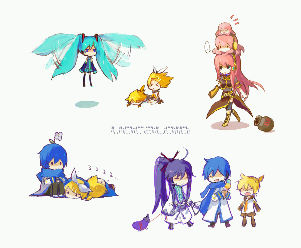 chibi, hatsune_miku, i-riya, kagamine_len, kagamine_rin, kaito, kamui_gakupo, male, megurine_luka, takoluka, vocaloid, white