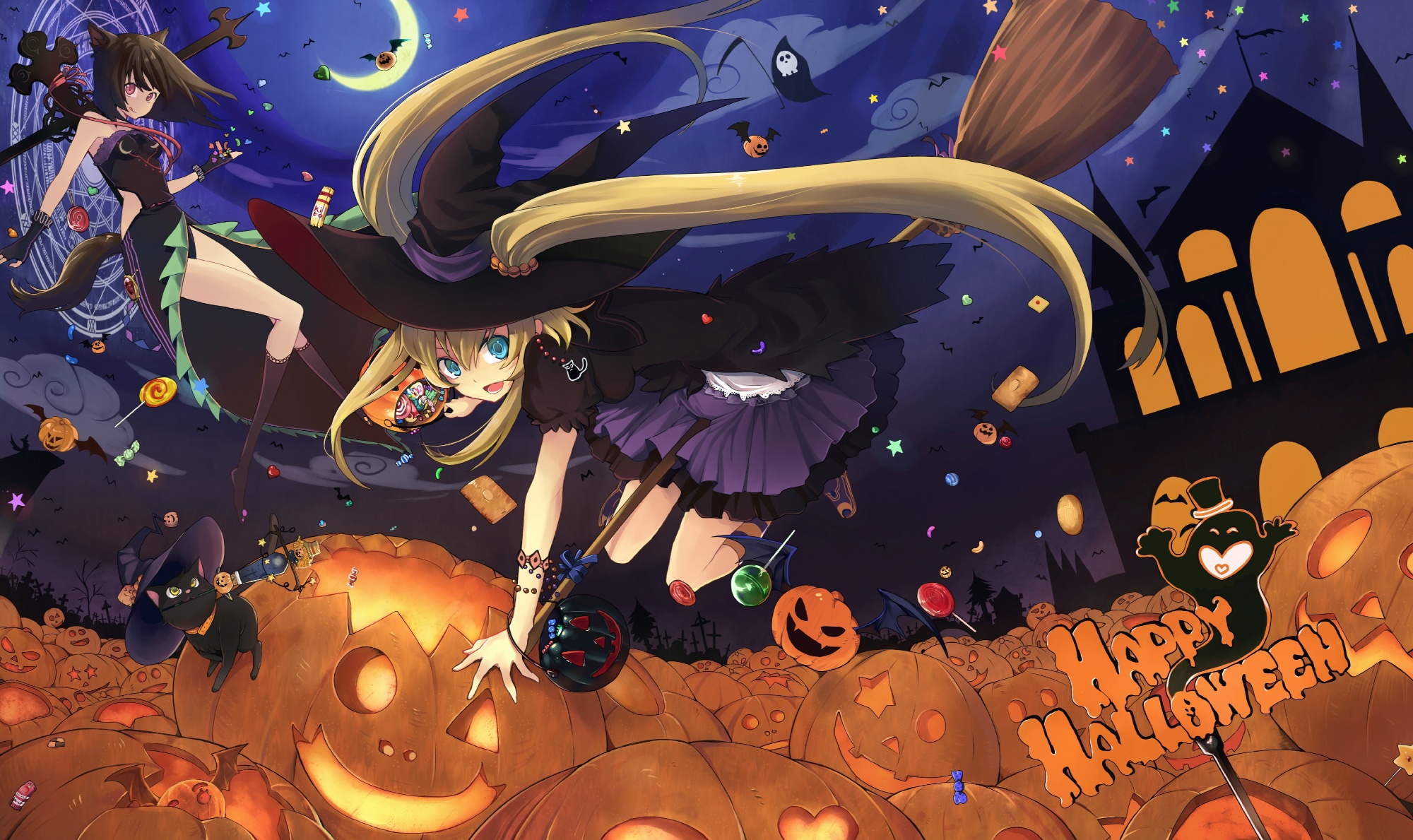 2girls, aki_(mare_desiderii), animal_ears, halloween, original, pumpkin, witch