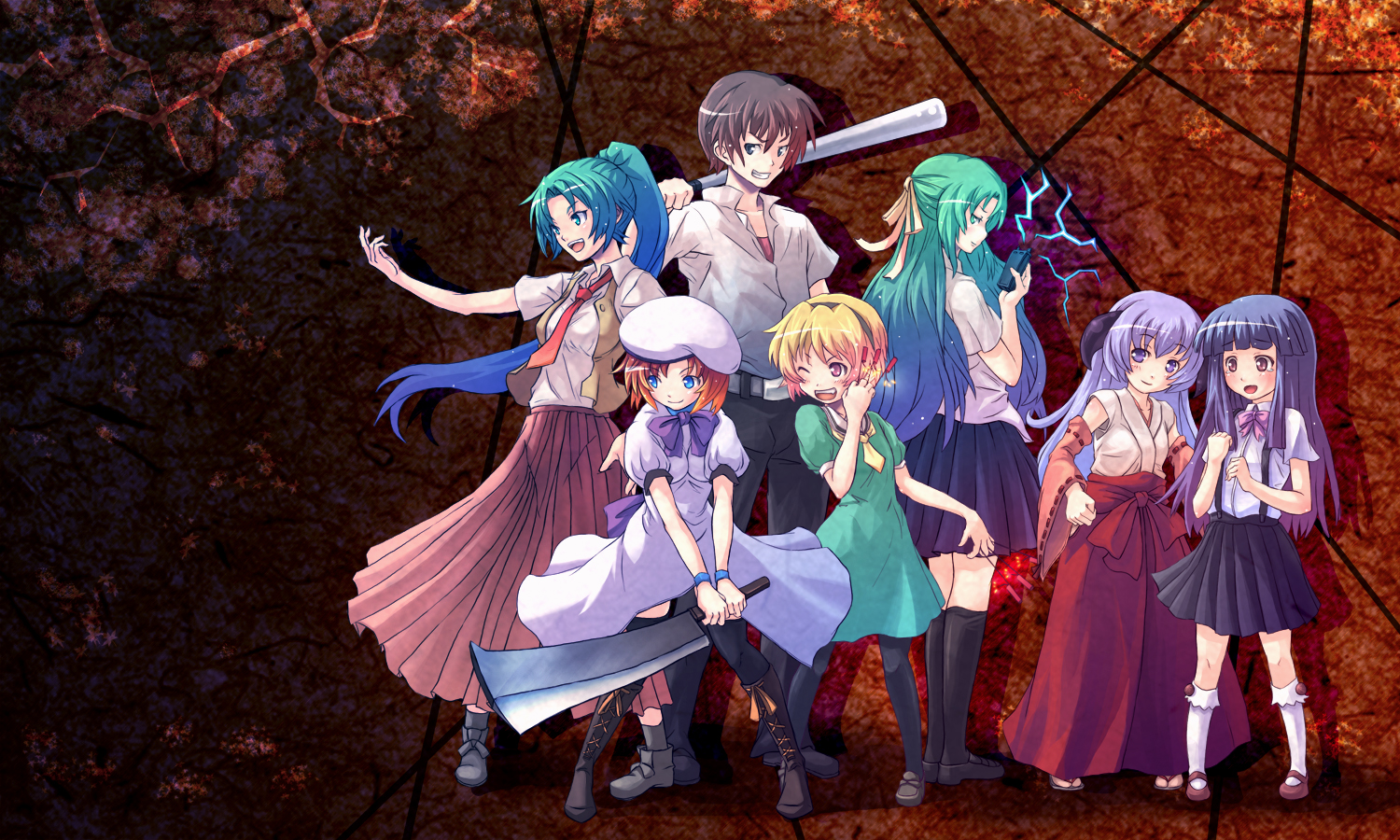 furude_rika, hanyuu, higurashi_no_naku_koro_ni, horns, houjou_satoko, japanese_clothes, maebara_keiichi, miko