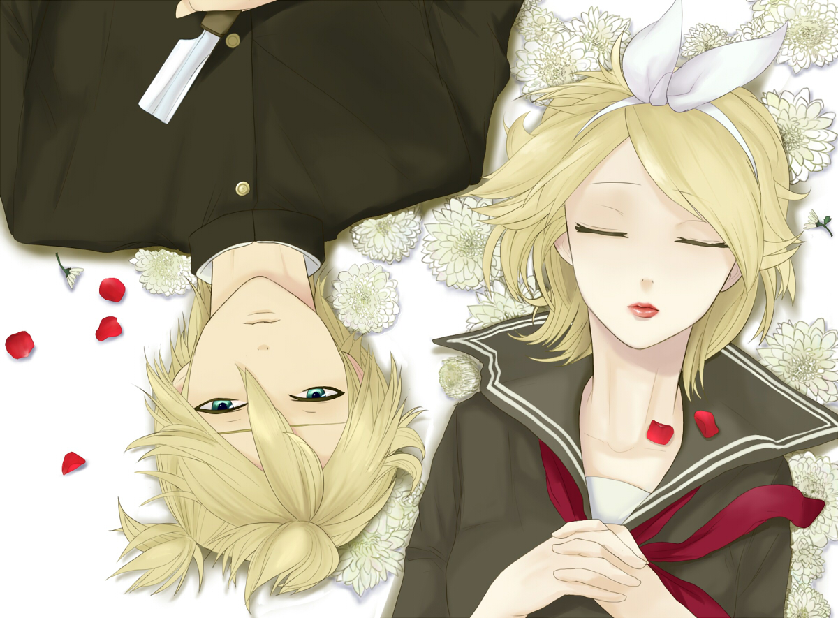 blonde_hair, blue_eyes, flowers, headband, kagamine_len, kagamine_rin, knife, male, petals, ririco, school_uniform, short_hair, vocaloid