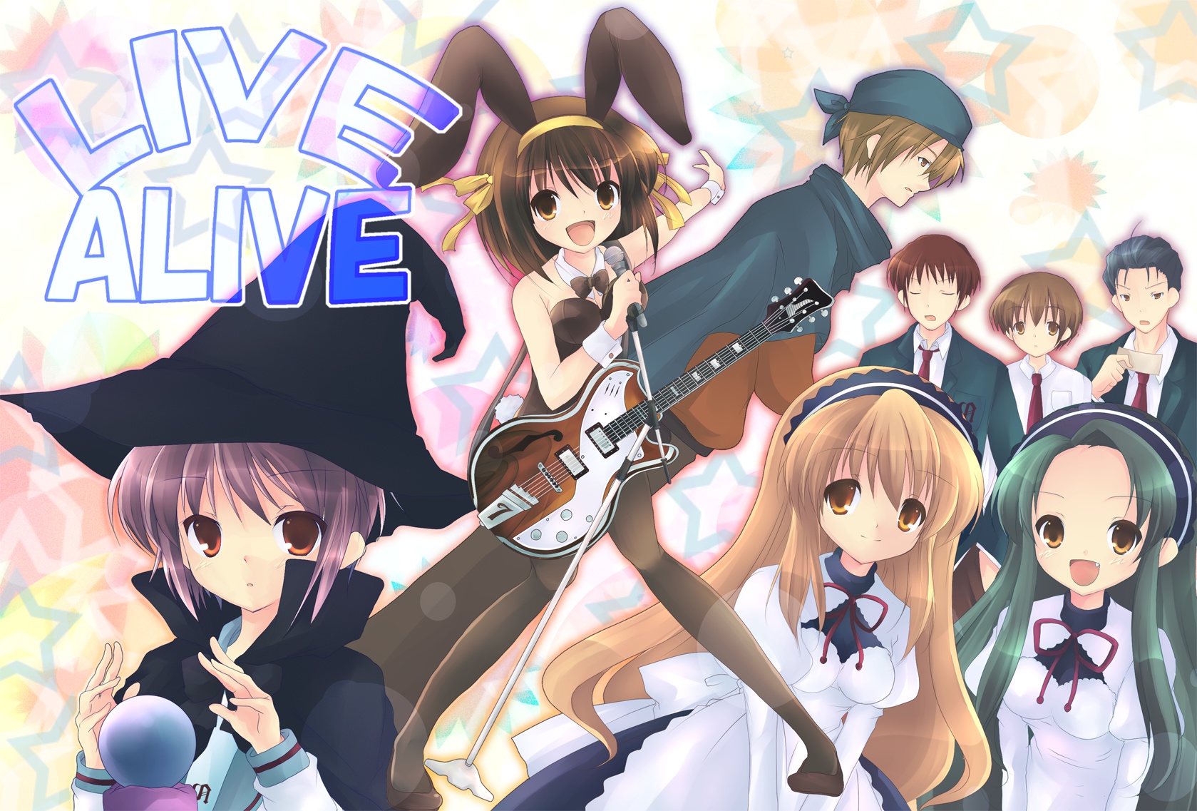 animal_ears, asahina_mikuru, bunny_ears, bunnygirl, guitar, hat, instrument, koizumi_itsuki