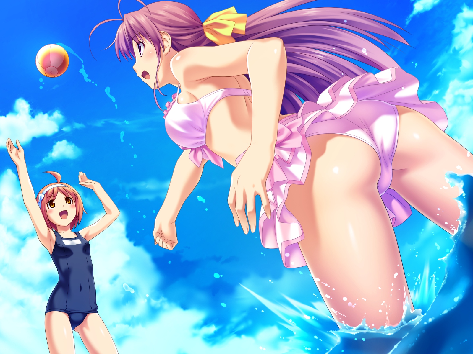 2girls, aoi_matsuri, bikini, game_cg, koutaro, kusakari_natane, loli, school_swimsuit, swimsuit, tropical_kiss, twinkle
