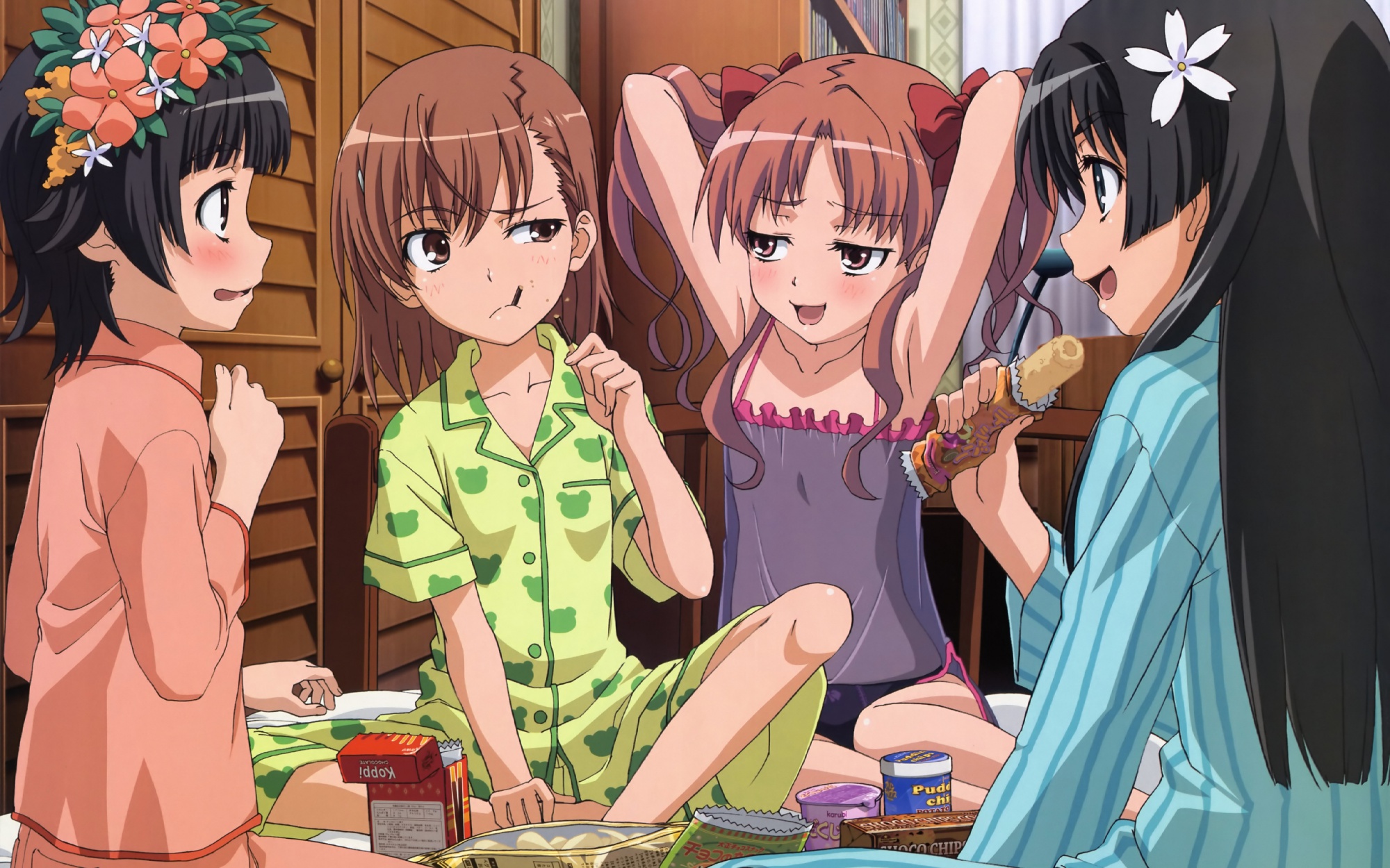 black_hair, blush, bow, brown_eyes, brown_hair, candy, chocolate, food