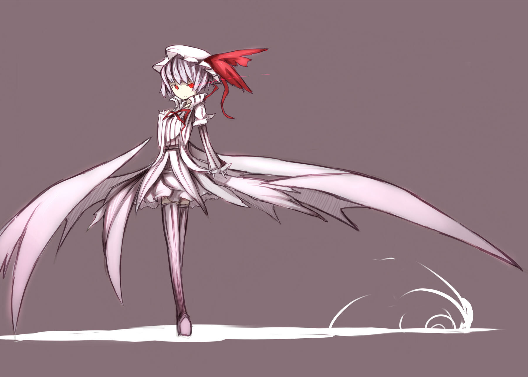 hat, purple_hair, red_eyes, remilia_scarlet, ribbons, shiroganeusagi, short_hair, skirt, thighhighs, touhou, vampire, wings