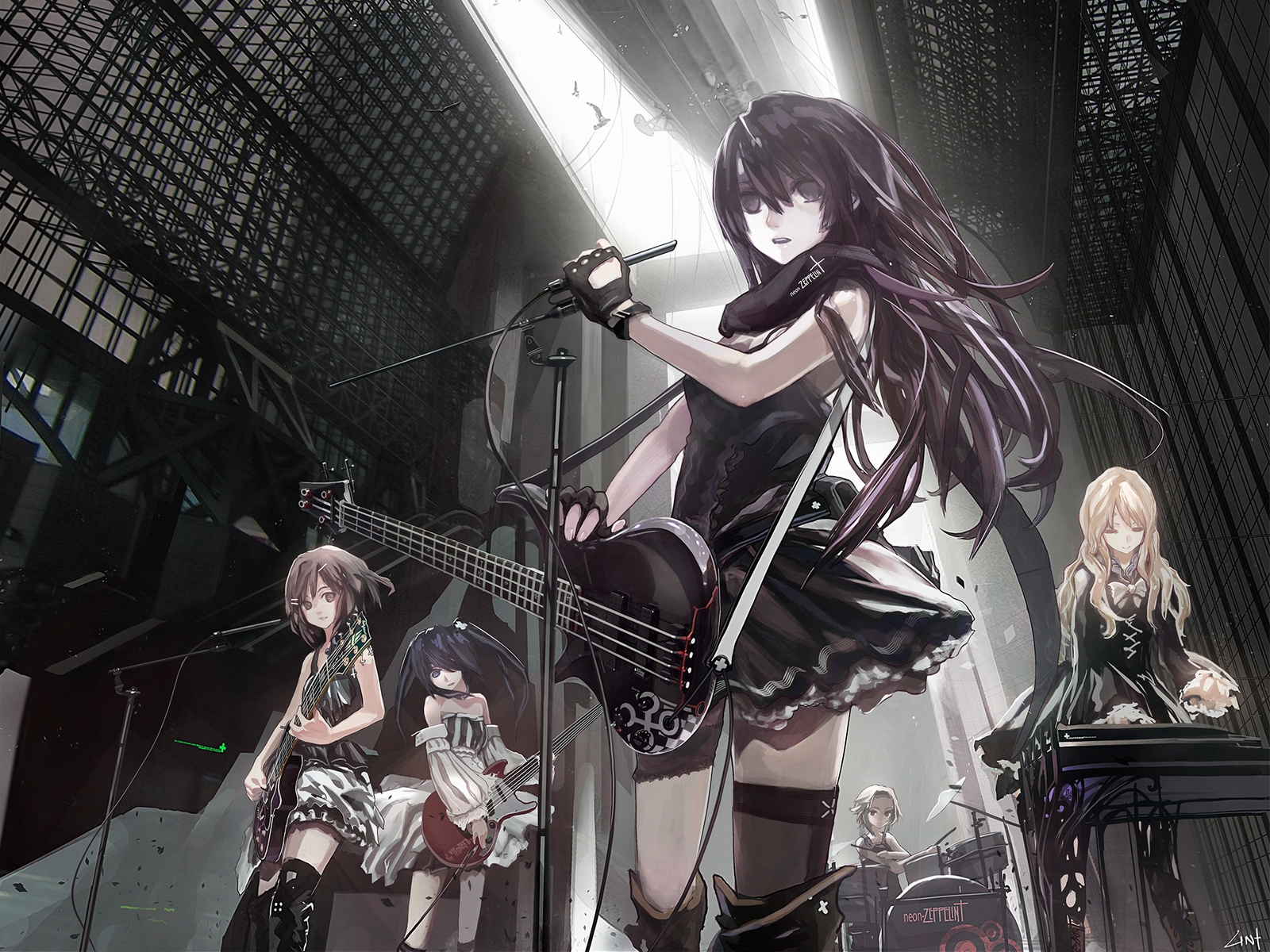 akiyama_mio, black_eyes, black_hair, blonde_hair, blue_eyes, boots, bow, brown_eyes, brown_hair, dress, drums, gloves, goth-loli, group, guitar, hirasawa_yui, instrument, k-on!, kotobuki_tsumugi, lin+, lolita_fashion, long_hair, microphone, nakano_azusa, scarf, short_hair, signed, skirt, tainaka_ritsu, thighhighs, twintails