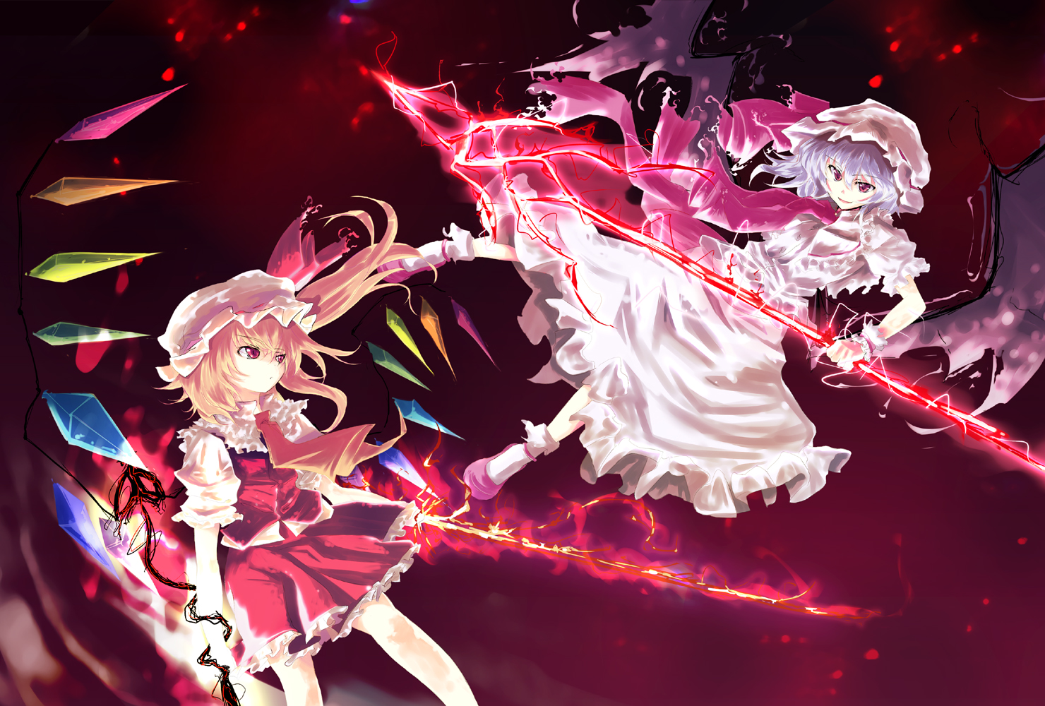 2girls, asagi_shii, blonde_hair, blue_hair, dress, flandre_scarlet, hat, long_hair