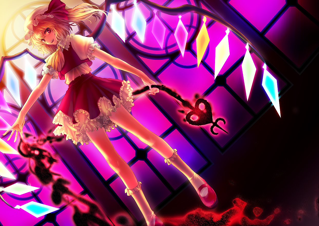 blonde_hair, dress, flandre_scarlet, hat, irua, long_hair, red_eyes, ribbons
