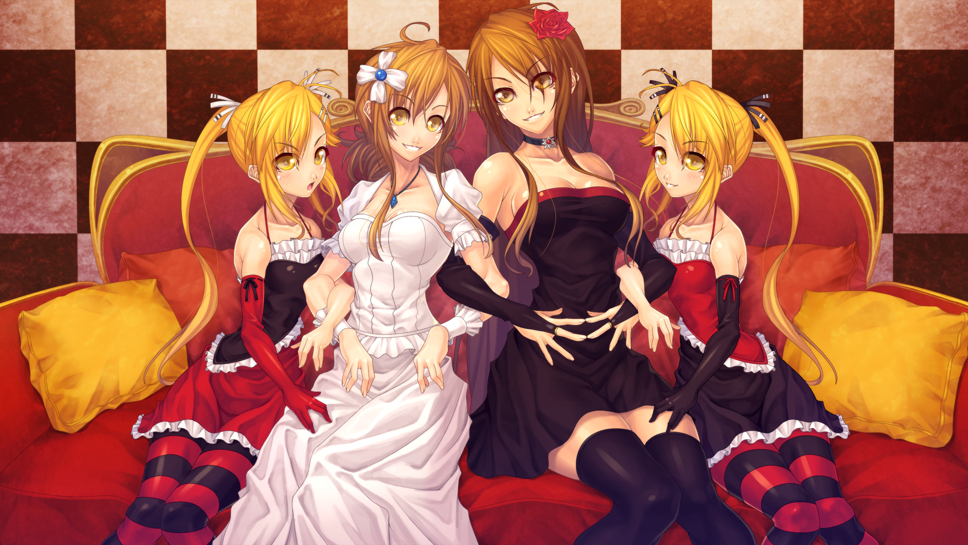 aka_(shoumae), blonde_hair, brown_hair, dress, kirishima_akari, kirishima_kotone, long_hair, mizuno_kaede